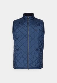 Marineblaue wattierte ärmellose Weste mit hohem Kragen, front Zipper und zwei Seitentaschen. Mit Rautenmuster und Markenlogo auf der Brust.