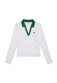 Biała koszulka polo z długim rękawem, z zielonym kołnierzykiem, dekoltem w kształcie litery V oraz małym czarnym logo na lewej piersi. Gładka faktura materiału.