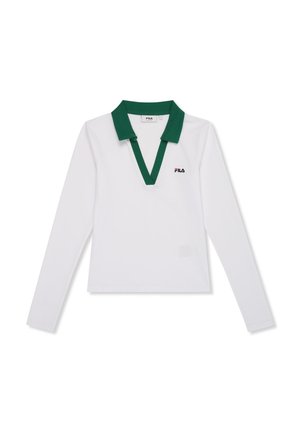 Vit långärmad polo skjorta med grön krage, V-ringad design och en liten svart logotyp på vänster bröst. Slät tygtextur.