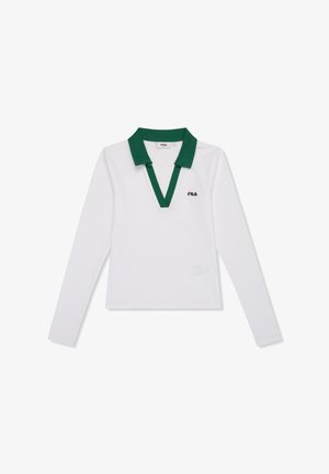 Polo bianco a maniche lunghe con colletto verde, design a V, e un piccolo logo nero sul lato sinistro del petto. Tessuto morbido.