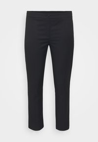 Black tailored trousers with a smooth texture, mid-rise waist, and cropped length. Features a front button closure and clean lines.