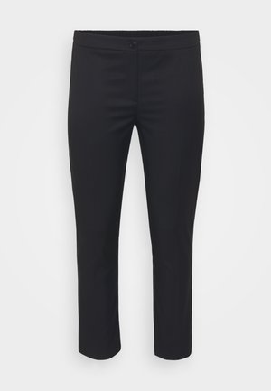 Black tailored trousers with a smooth texture, mid-rise waist, and cropped length. Features a front button closure and clean lines.