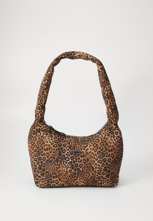 Brown and black leopard print shoulder bag with padded handle and zipper closure, shown against a plain white background.