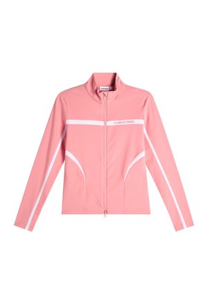 Roze jas met volledige ritssluiting, witte strepen op mouwen en borst, hoge kraag, en de tekst "J.LINDEBERG" op de linkerborst.