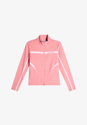 Roze jas met volledige ritssluiting, witte strepen op mouwen en borst, hoge kraag, en de tekst "J.LINDEBERG" op de linkerborst.