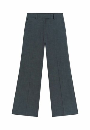 Weite Stoffhosen aus dunkelgrauem Material, mit einer strukturierten Oberfläche und zwei vorderen Taschen. Taillierter Bund mit Gürtelschlaufen.