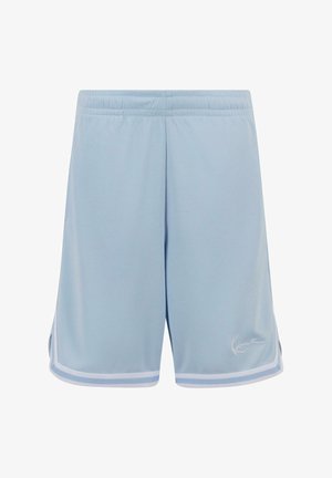 Hellblaue Sportshorts aus Netzstoff, mit einem weißen Bund, seitlichen Schlitzen und einem dezenten Logo in der unteren Ecke.