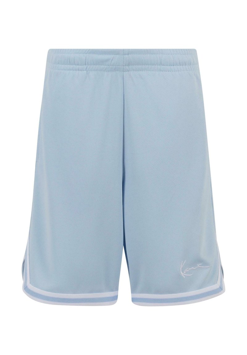 Shorts de sport bleu clair en tissu en maille, dotés d'une ceinture blanche, de fentes sur les côtés et d'un logo subtil dans le coin inférieur.