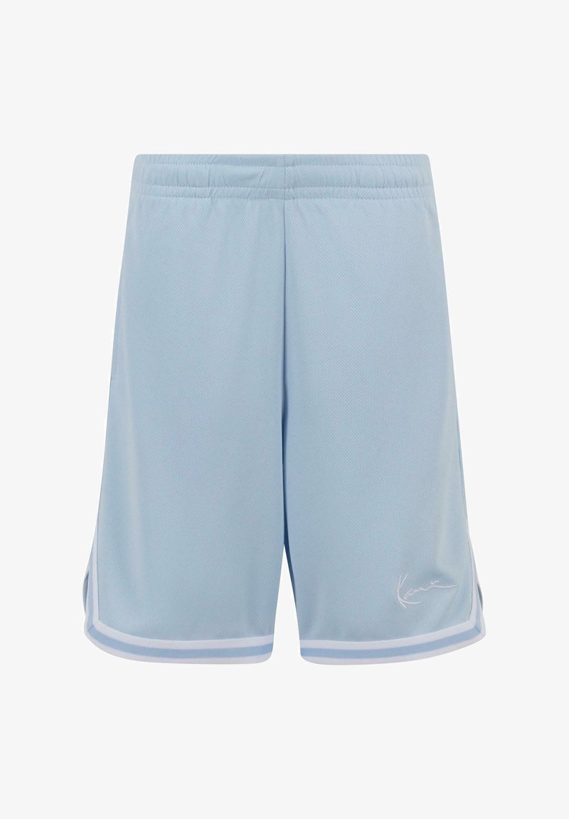 Světle modré sportovní šortky vyrobené z síťoviny, s bílým pasem, bočními rozparky a diskrétním logem v dolním rohu.