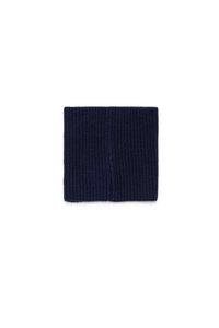 Chauffe-nuque en tricot navy avec texture côtelée, forme rectangulaire et design sans couture. Tissu doux adapté aux temps froids.
