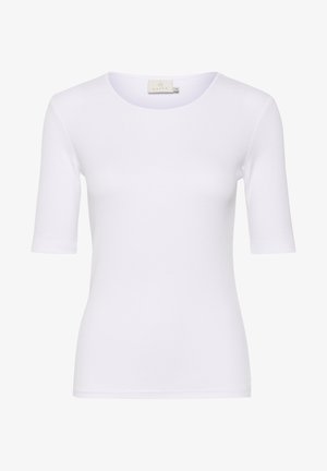 Witte, aansluitende T-shirt gemaakt van rekbare stof, met een ronde halslijn en mouwen tot de elleboog. Label geeft maat M aan.