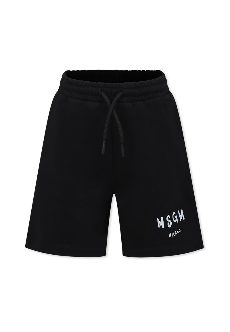 Shorts neri in cotone con vita elasticizzata, cordoncino e logo bianco "MSGM MILANO" sulla gamba sinistra.