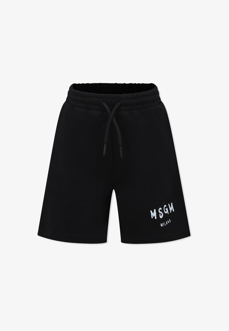 Shorts neri in cotone con vita elasticizzata, cordoncino e logo bianco "MSGM MILANO" sulla gamba sinistra.