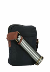 Marineblaue Stoff-Umhängetasche mit braunen Lederakzenten und gestreiftem verstellbarem Schultergurt; verfügt über einen Reißverschluss und eine weiche Textur.