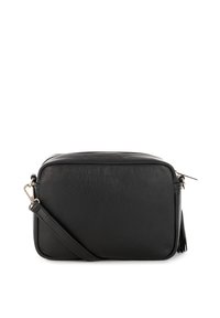 Borsa a tracolla in pelle nera con forma rettangolare, chiusura con zip e tracolla rimovibile. Presenta una superficie texturizzata e un dettaglio a nappina sottile.