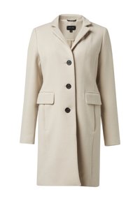 Beige wollen jas met een notch lapel, vijf zwarte knopen, twee zijzakken en een getailleerde pasvorm. Soepele textuur en knie-lange ontwerp.