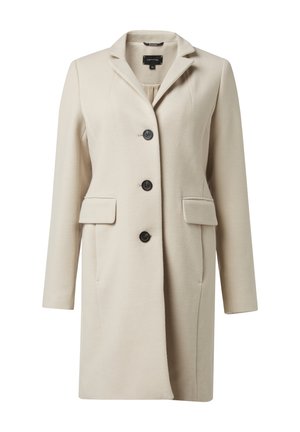 Beige wollen jas met een notch lapel, vijf zwarte knopen, twee zijzakken en een getailleerde pasvorm. Soepele textuur en knie-lange ontwerp.