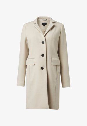 Manteau en laine beige avec un revers, cinq boutons noirs, deux poches latérales et une coupe ajustée. Texture lisse et longueur genoux.