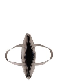 Grau Stofftasche mit zwei Schulterriemen, Reißverschluss und ungefüttertem Innenraum. Texturierte Oberfläche und minimalistisches Design.