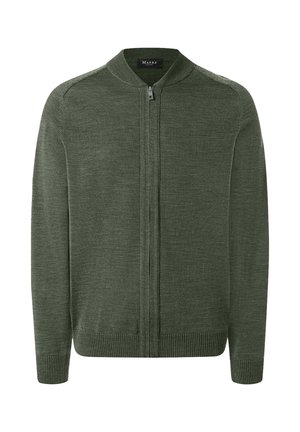 Dunkelgrüne, gestrickte Zip-Up-Cardigan mit geripptem Kragen, Bündchen und Saum sowie einem Maerz-Label im Kragen.