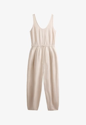 Combinaison en lin beige avec décolleté dégagé, taille à cordon réglable et pantalon large. Texture lisse, design minimaliste.