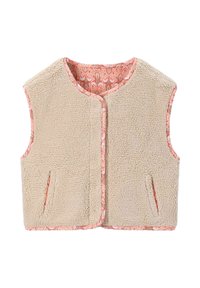 Gilet en polaire avec un extérieur beige, fermeture à pression à l'avant et doublure à motif rose. Possède des poches latérales et un bord contrastant.