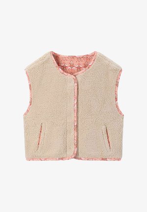 Fleece-Weste mit beiger Außenseite, Druckknopfverschluss vorne und pinkem, gemustertem Futter. Verfügt über Seitentaschen und kontrastierende Kanten.
