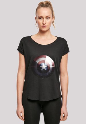Black short-sleeve t-shirt featuring a circular multicolored graphic with a star at the center, made from soft, lightweight fabric.