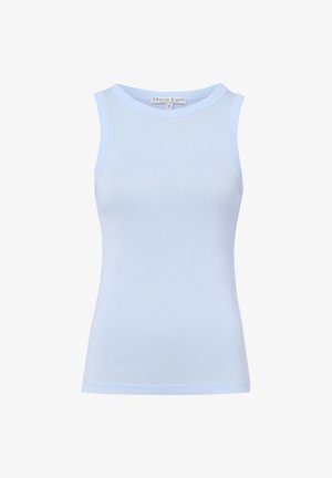 Bez rękawów, jasnoniebieski obcisły top na ramiączkach z okrągłym dekoltem, wykonany przez Marie Lund, rozmiar mały.