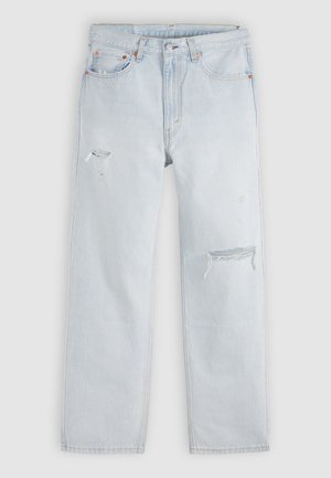 Ανοιχτό μπλε τζιν παντελόνι με ίσια γραμμή, διακοσμημένο με φθορές και σκισμένα σημεία. Κλασικός σχεδιασμός με πέντε τσέπες και μεταλλικά καρφιά.