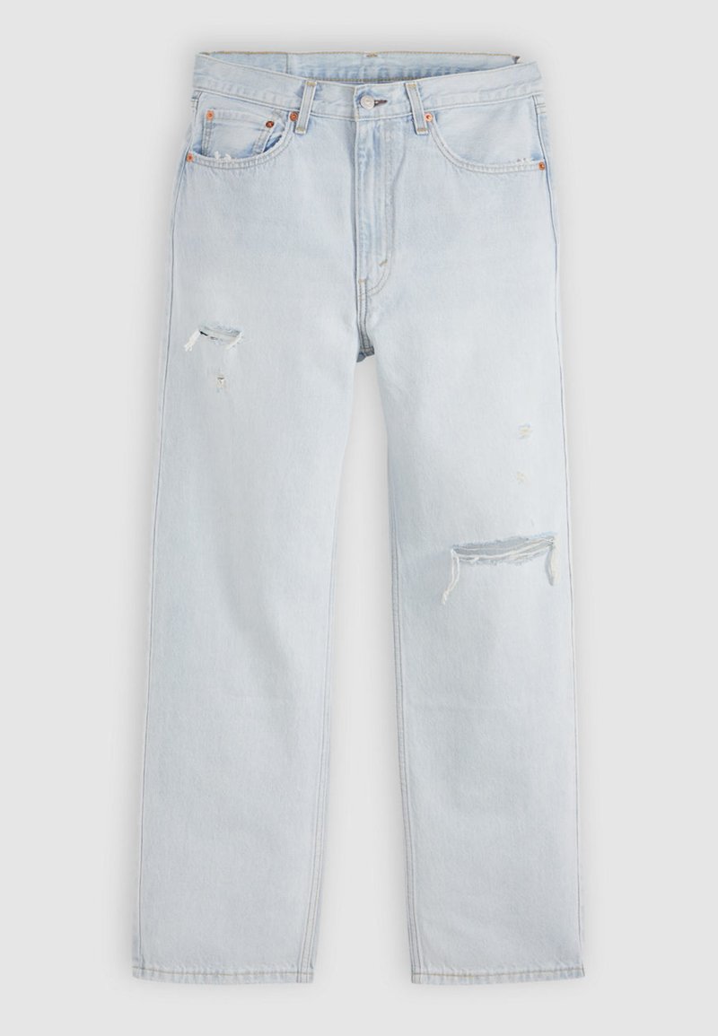 Hellblaue Jeans aus Denim mit geradem Schnitt, versehen mit Used-Details und ausgefransten Stellen. Standard-Fünf-Taschen-Design mit Metallnieten.