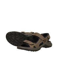 Brown leather sandals with adjustable straps, sturdy rubber soles featuring a textured grip, and open design for breathability.