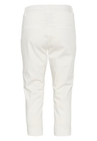 Pantalones de algodón blancos hasta los tobillos con una textura suave, con corte recto y dos bolsillos traseros. Detalle de dobladillo con puños.