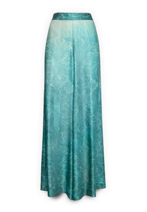 Teal hooggetailleerde broek met wijde pijpen, subtiel bloemenjacquardpatroon en lichte glans, weergegeven op een witte achtergrond.