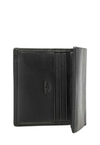 Czarny skórzany portfel o gładkiej fakturze, z wieloma miejscami na karty oraz ochroną RFID. Otwarty design z minimalną ilością elementów metalowych.