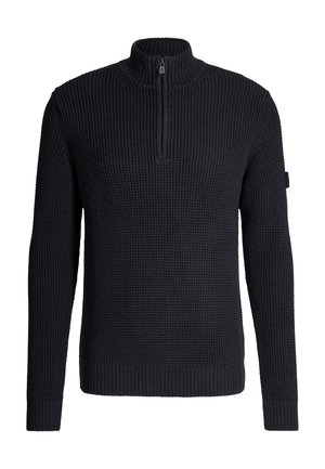 Jersey de punto texturizado negro con mangas largas, puños y dobladillo de canalé, y cierre de cremallera hasta un cuello alto.