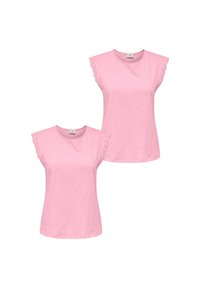 Zwei identische rosa T-Shirts aus leichtem Stoff mit einem runden Ausschnitt und gewellter Spitzenverzierung an den kurzen Ärmeln.
