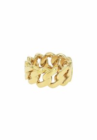 Anello in metallo dorato con un design a catena massiccia, finitura lucida e superfici lisce. I bordi arrotondati migliorano il comfort.