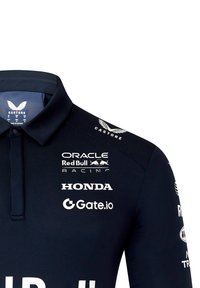 Granatowa koszulka polo z kołnierzykiem, z brandingiem i logo Oracle, Red Bull Racing, Honda i Gate.io, wykonana z oddychającego materiału.