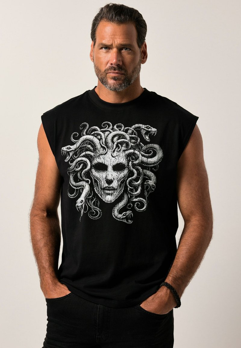 Schwarzes ärmelloses T-Shirt mit einem weißen grafischen Design von Medusas Kopf, umgeben von Schlangen, mit detaillierten Gesichtszügen und Texturen.