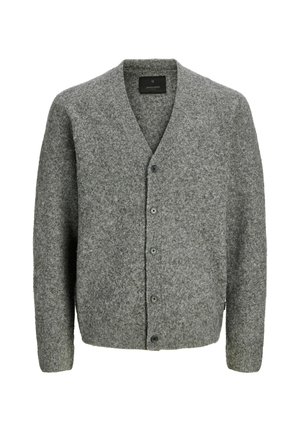 Grauer Wollcardigan mit V-Ausschnitt, langen Ärmeln und sechs Vorderknöpfen. Hat eine weiche Textur und eine lockere Passform.