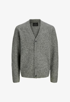 Gray wool cardigan with a V-neck, long sleeves, and six front buttons. Features a soft texture and a relaxed fit.