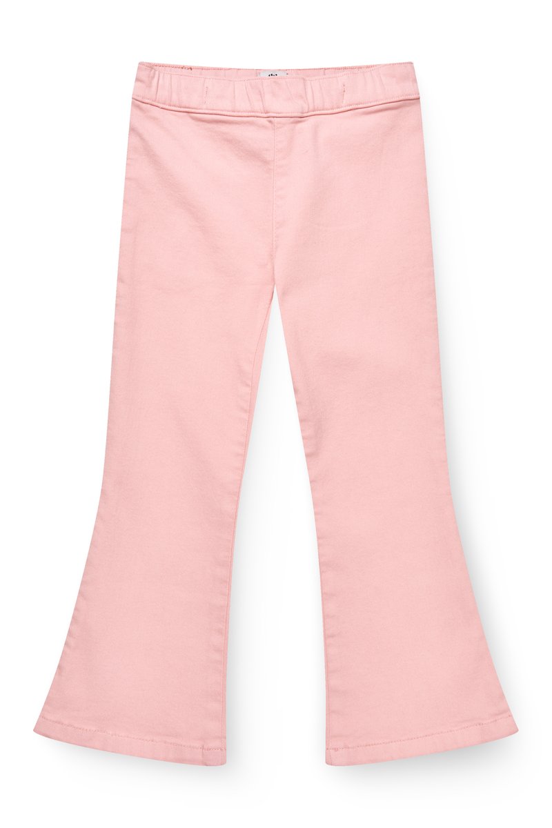 Pantaloni rosa chiaro per bambini con vita elastica e gambe svasate, distesi su sfondo bianco.