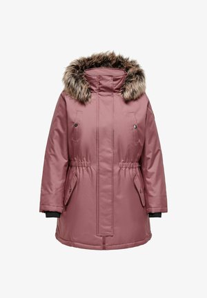 Parka rose avec une capuche en fausse fourrure, taille élastique, deux poches latérales et fermeture éclair à l'avant. Comprend des poignets côtelés et une texture lisse.
