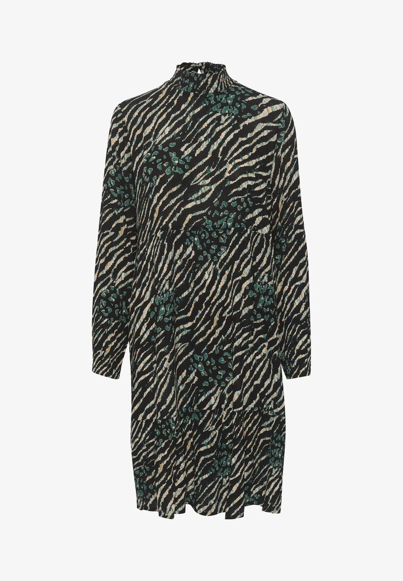 Juoda suknelė su aukštu kaklu, ilgomis rankovėmis. Savybės: tigro dryžių raštas smėlio ir žalsvai mėlynos spalvos, plazdanti siluetas ir susiraukšlėjusi tekstūra.