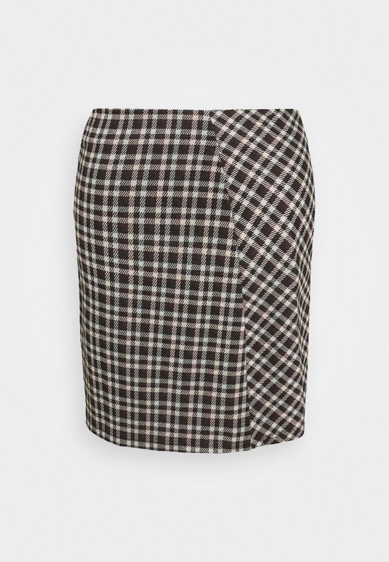 Svartvit rutad kjol med en figursydd design, som har korsmönstrade mönster och en slät textur, knälång klipp.
