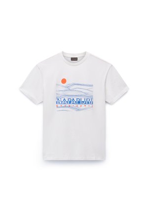 Fehér pamut póló kék vonalrajzos hegyformával, piros nappal és kék "Napapijri geographic" felirattal az elején. Rövid ujjak.