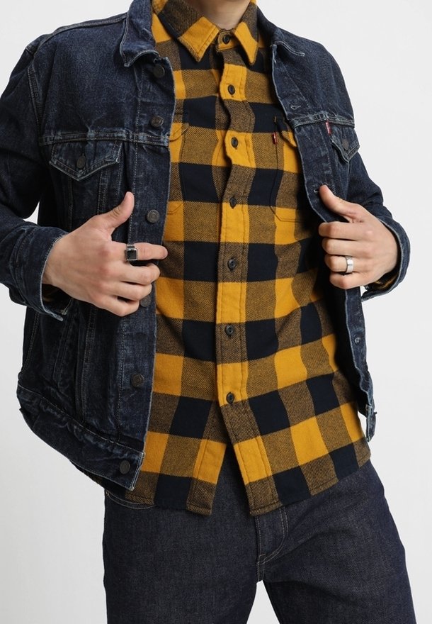 Personne portant une chemise en flanelle à carreaux jaune et noir sous une veste en denim foncé ouverte, avec un jean foncé et des bagues aux deux mains.