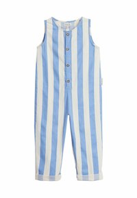 Blau-weißer gestreifter ärmelloser Jumpsuit mit vorderen Knöpfen, hochgekrempelten Ärmeln und weichem Baumwollstoff. Mit einem Etikett an der Seitennaht.