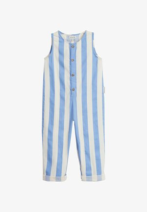 Blau-weißer gestreifter ärmelloser Jumpsuit mit vorderen Knöpfen, hochgekrempelten Ärmeln und weichem Baumwollstoff. Mit einem Etikett an der Seitennaht.